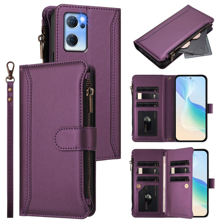 Magnetic Closure 9 Card Slots Zipper Leather Case with Hand Strap, For OPPO Reno8 4G Global / Reno7 4G Global, For OPPO Reno9 5G / 9 Pro 5G, For OPPO Reno8 Pro+ 5G, For OPPO Reno8 Pro 5G, For OPPO Reno8 5G Global, For OPPO Reno7 5G Global / Find X5 Lit...