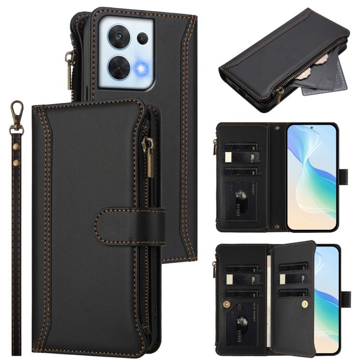 Magnetic Closure 9 Card Slots Zipper Leather Case with Hand Strap, For OPPO Reno8 4G Global / Reno7 4G Global, For OPPO Reno9 5G / 9 Pro 5G, For OPPO Reno8 Pro+ 5G, For OPPO Reno8 Pro 5G, For OPPO Reno8 5G Global, For OPPO Reno7 5G Global / Find X5 Lit...