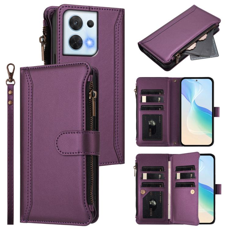 Magnetic Closure 9 Card Slots Zipper Leather Case with Hand Strap, For OPPO Reno8 4G Global / Reno7 4G Global, For OPPO Reno9 5G / 9 Pro 5G, For OPPO Reno8 Pro+ 5G, For OPPO Reno8 Pro 5G, For OPPO Reno8 5G Global, For OPPO Reno7 5G Global / Find X5 Lit...