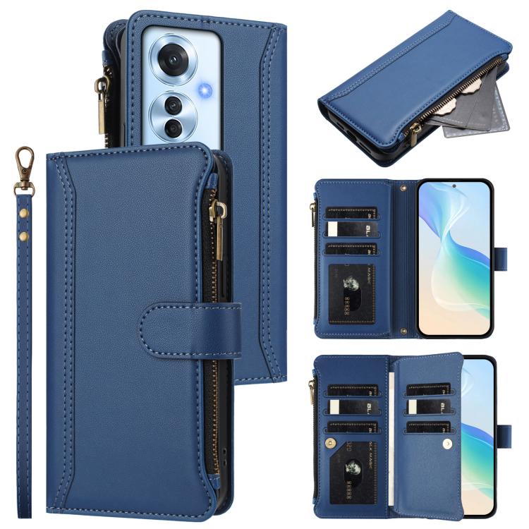 Magnetic Closure 9 Card Slots Zipper Leather Case with Hand Strap, For OPPO A5 5G / A3 Pro 5G Global, For OPPO Reno14 Pro 5G Global, For OPPO Reno14 5G Global, For OPPO Reno13 Pro 5G Global, For OPPO Reno13 5G Global, For OPPO Reno13 F 5G Global       ...