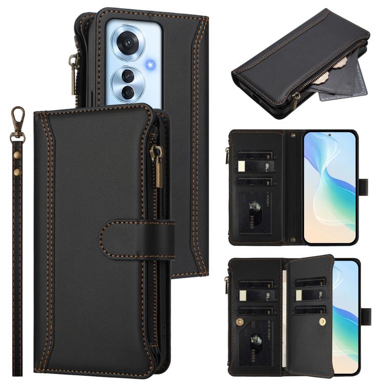 Magnetic Closure 9 Card Slots Zipper Leather Case with Hand Strap, For OPPO A5 5G / A3 Pro 5G Global, For OPPO Reno14 Pro 5G Global, For OPPO Reno14 5G Global, For OPPO Reno13 Pro 5G Global, For OPPO Reno13 5G Global, For OPPO Reno13 F 5G Global       ...