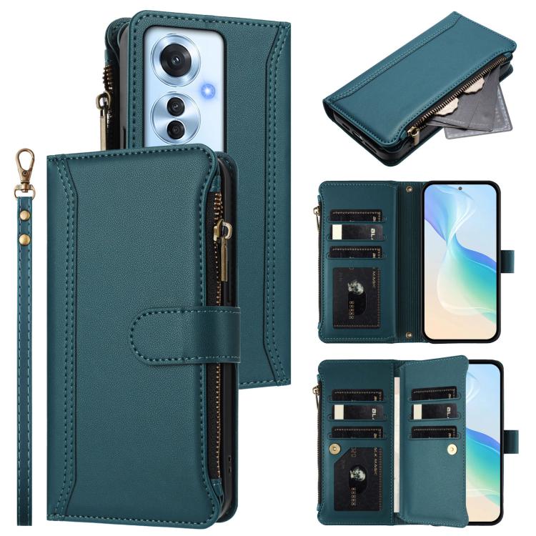 Magnetic Closure 9 Card Slots Zipper Leather Case with Hand Strap, For OPPO A5 5G / A3 Pro 5G Global, For OPPO Reno14 Pro 5G Global, For OPPO Reno14 5G Global, For OPPO Reno13 Pro 5G Global, For OPPO Reno13 5G Global, For OPPO Reno13 F 5G Global       ...
