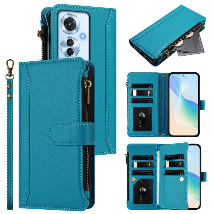 Magnetic Closure 9 Card Slots Zipper Leather Case with Hand Strap, For OPPO A5 5G / A3 Pro 5G Global, For OPPO Reno14 Pro 5G Global, For OPPO Reno14 5G Global, For OPPO Reno13 Pro 5G Global, For OPPO Reno13 5G Global, For OPPO Reno13 F 5G Global       ...