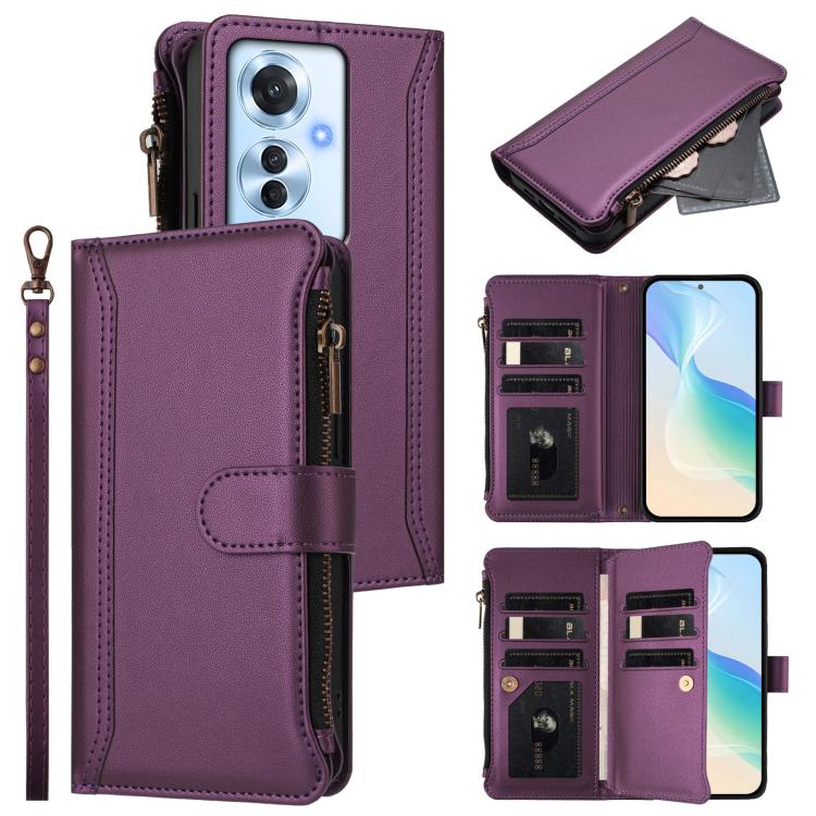 Magnetic Closure 9 Card Slots Zipper Leather Case with Hand Strap, For OPPO A5 5G / A3 Pro 5G Global, For OPPO Reno14 Pro 5G Global, For OPPO Reno14 5G Global, For OPPO Reno13 Pro 5G Global, For OPPO Reno13 5G Global, For OPPO Reno13 F 5G Global       ...