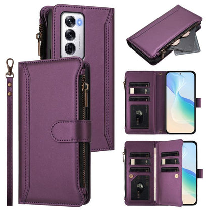 Magnetic Closure 9 Card Slots Zipper Leather Case with Hand Strap, For OPPO A5 5G / A3 Pro 5G Global, For OPPO Reno14 Pro 5G Global, For OPPO Reno14 5G Global, For OPPO Reno13 Pro 5G Global, For OPPO Reno13 5G Global, For OPPO Reno13 F 5G Global       ...