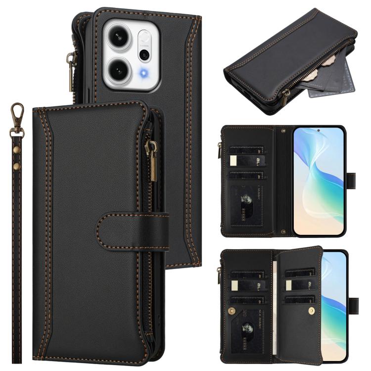 Magnetic Closure 9 Card Slots Zipper Leather Case with Hand Strap, For OPPO A5 5G / A3 Pro 5G Global, For OPPO Reno14 Pro 5G Global, For OPPO Reno14 5G Global, For OPPO Reno13 Pro 5G Global, For OPPO Reno13 5G Global, For OPPO Reno13 F 5G Global       ...
