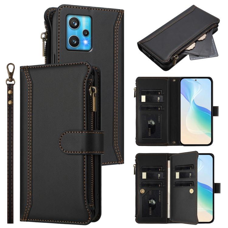 Magnetic Closure 9 Card Slots Zipper Leather Case with Hand Strap, For Realme 10 Pro 5G, For Realme 10 Pro+ 5G, For Realme 10 4G Global, For Realme C30 4G / Narzo 50i Prime / C30S, For Realme GT NEO 3T, For Realme 9 Pro+ 5G / Narzo 50 Pro              ...