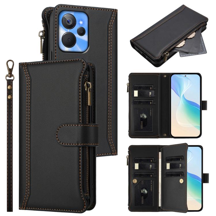 Magnetic Closure 9 Card Slots Zipper Leather Case with Hand Strap, For Realme 13 4G Global / P1 5G Global, For Realme 13 Pro 5G Global, For Realme GT 6 5G Global / GT 6T 5G Global, For Realme C67 4G Global / 12 Lite 4G Global                           ...