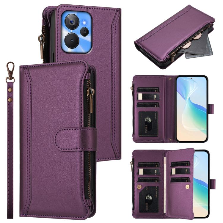 Magnetic Closure 9 Card Slots Zipper Leather Case with Hand Strap, For Realme 13 4G Global / P1 5G Global, For Realme 13 Pro 5G Global, For Realme GT 6 5G Global / GT 6T 5G Global, For Realme C67 4G Global / 12 Lite 4G Global                           ...