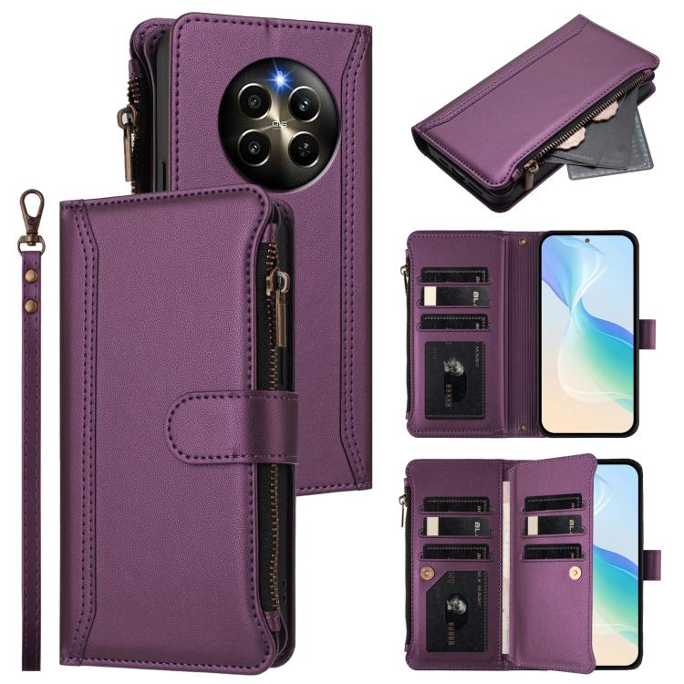 Magnetic Closure 9 Card Slots Zipper Leather Case with Hand Strap, For Realme 13 4G Global / P1 5G Global, For Realme 13 Pro 5G Global, For Realme GT 6 5G Global / GT 6T 5G Global, For Realme C67 4G Global / 12 Lite 4G Global                           ...