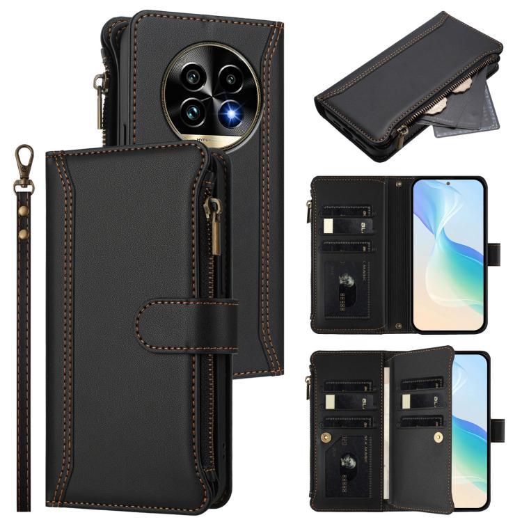 Magnetic Closure 9 Card Slots Zipper Leather Case with Hand Strap, For Realme 13 4G Global / P1 5G Global, For Realme 13 Pro 5G Global, For Realme GT 6 5G Global / GT 6T 5G Global, For Realme C67 4G Global / 12 Lite 4G Global                           ...