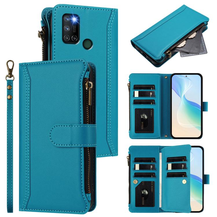 Magnetic Closure 9 Card Slots Zipper Leather Case with Hand Strap, For Realme V11 5G, For Realme C17 / 7i