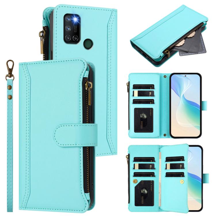 Magnetic Closure 9 Card Slots Zipper Leather Case with Hand Strap, For Realme V11 5G, For Realme C17 / 7i
