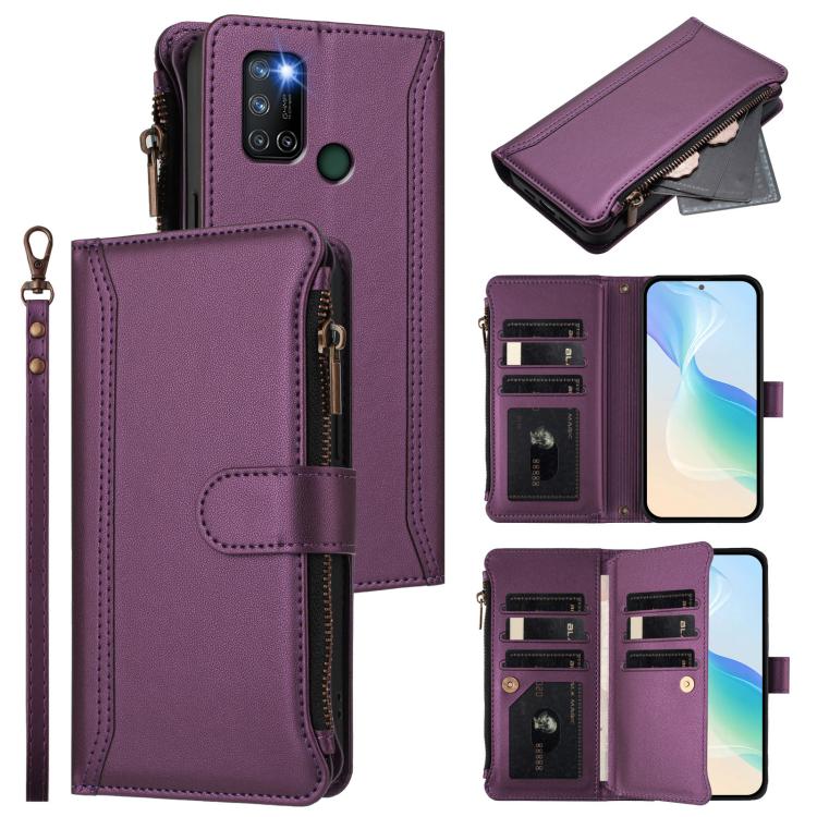 Magnetic Closure 9 Card Slots Zipper Leather Case with Hand Strap, For Realme V11 5G, For Realme C17 / 7i