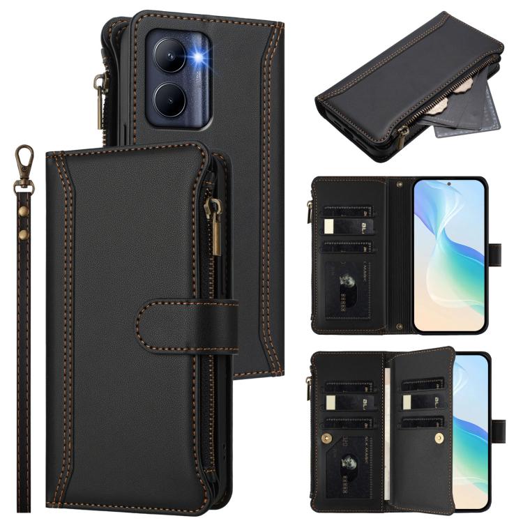 Magnetic Closure 9 Card Slots Zipper Leather Case with Hand Strap, For Realme 13 4G Global / P1 5G Global, For Realme 13 Pro 5G Global, For Realme GT 6 5G Global / GT 6T 5G Global, For Realme C67 4G Global / 12 Lite 4G Global                           ...