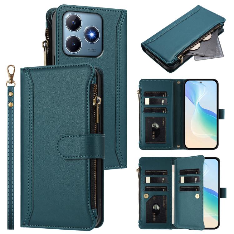 Magnetic Closure 9 Card Slots Zipper Leather Case with Hand Strap, For Realme GT7, For Realme Narzo 80 Pro, For Realme Narzo 80X, For Realme P3 Ultra 5G  Global, For Realme P3 5G Global, For Realme P3 Pro 5G  Global, For Realme 14 Pro+ 5G              ...