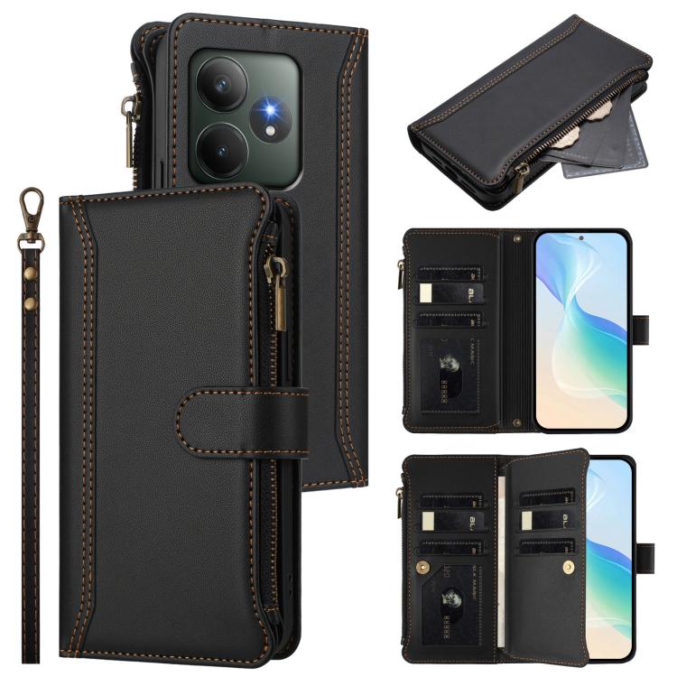 Magnetic Closure 9 Card Slots Zipper Leather Case with Hand Strap, For Realme 13 4G Global / P1 5G Global, For Realme 13 Pro 5G Global, For Realme GT 6 5G Global / GT 6T 5G Global, For Realme C67 4G Global / 12 Lite 4G Global                           ...