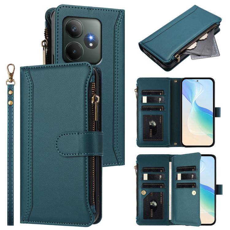 Magnetic Closure 9 Card Slots Zipper Leather Case with Hand Strap, For Realme 13 4G Global / P1 5G Global, For Realme 13 Pro 5G Global, For Realme GT 6 5G Global / GT 6T 5G Global, For Realme C67 4G Global / 12 Lite 4G Global                           ...