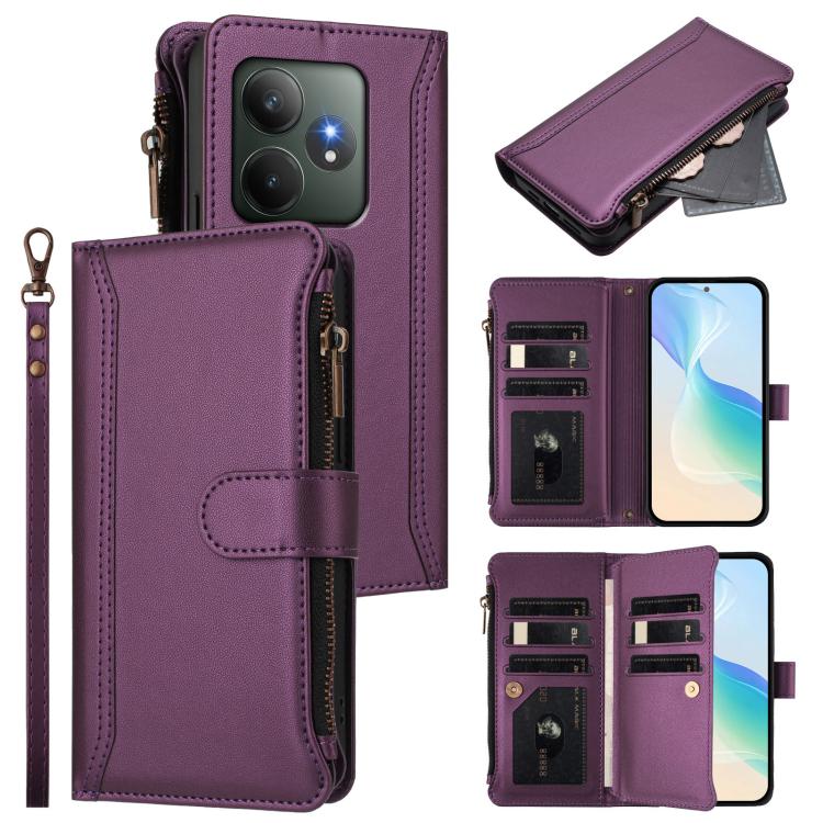 Magnetic Closure 9 Card Slots Zipper Leather Case with Hand Strap, For Realme 13 4G Global / P1 5G Global, For Realme 13 Pro 5G Global, For Realme GT 6 5G Global / GT 6T 5G Global, For Realme C67 4G Global / 12 Lite 4G Global                           ...