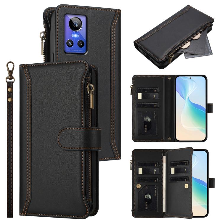 Magnetic Closure 9 Card Slots Zipper Leather Case with Hand Strap, For Realme 10 Pro 5G, For Realme 10 Pro+ 5G, For Realme 10 4G Global, For Realme C30 4G / Narzo 50i Prime / C30S, For Realme GT NEO 3T, For Realme 9 Pro+ 5G / Narzo 50 Pro              ...