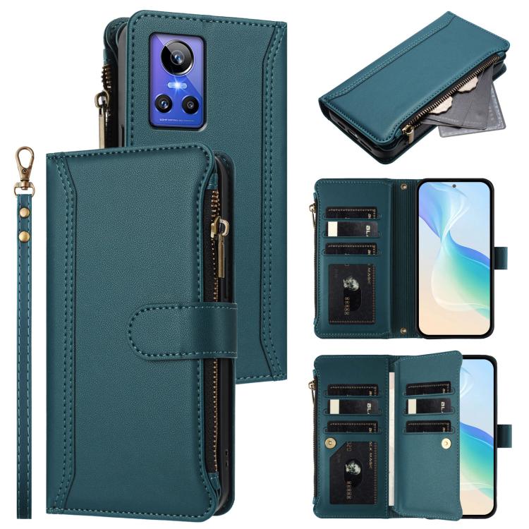 Magnetic Closure 9 Card Slots Zipper Leather Case with Hand Strap, For Realme 10 Pro 5G, For Realme 10 Pro+ 5G, For Realme 10 4G Global, For Realme C30 4G / Narzo 50i Prime / C30S, For Realme GT NEO 3T, For Realme 9 Pro+ 5G / Narzo 50 Pro              ...
