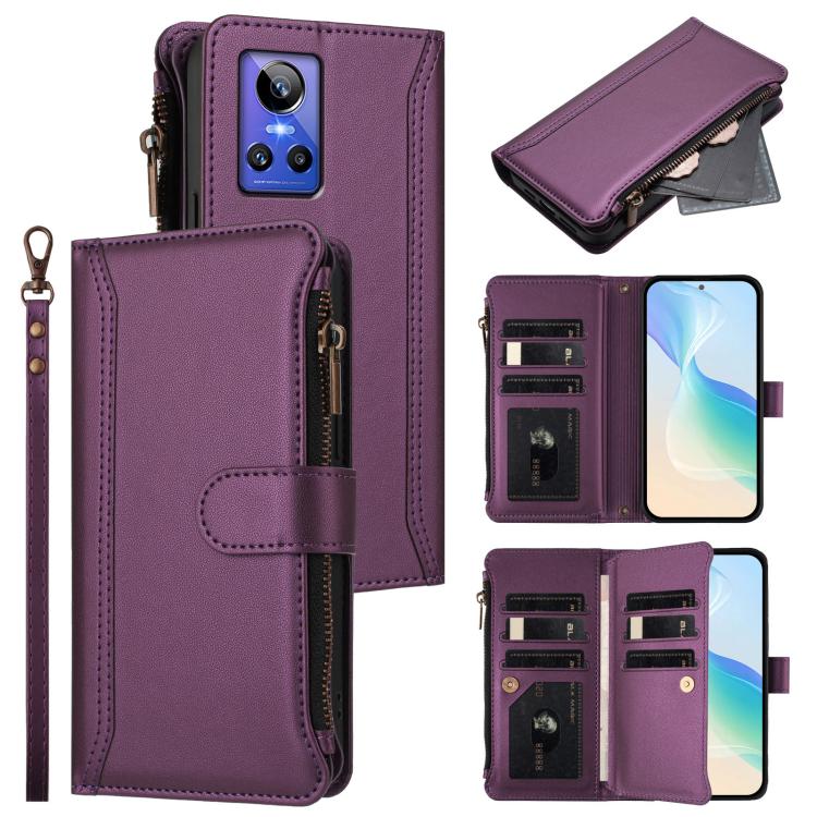 Magnetic Closure 9 Card Slots Zipper Leather Case with Hand Strap, For Realme 10 Pro 5G, For Realme 10 Pro+ 5G, For Realme 10 4G Global, For Realme C30 4G / Narzo 50i Prime / C30S, For Realme GT NEO 3T, For Realme 9 Pro+ 5G / Narzo 50 Pro              ...