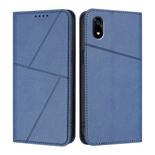 Blue flip leather phone case with magnetic closure and card slots, open view