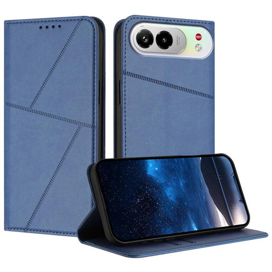 Blue leather flip phone case with magnetic closure; phone screen and camera cutout visible.