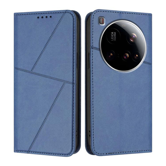 Royal blue leather flip phone case with camera cutout and stitched diagonal pattern
