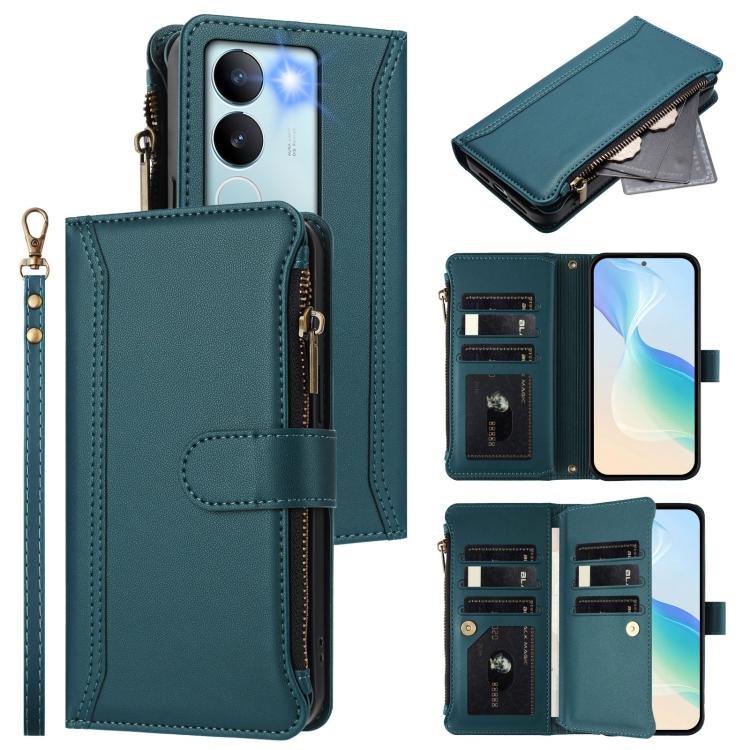 Magnetic Closure 9 Card Slots Zipper Leather Case with Hand Strap, For vivo X100 Pro 5G / X100S Pro 5G, For vivo X100S 5G, For vivo iQOO Z9X, For vivo Y20 / Y20i / Y20S / Y11S, For vivo iQOO Z9 5G / Z9 Turbo 5G, For vivo V30 5G Global                  ...