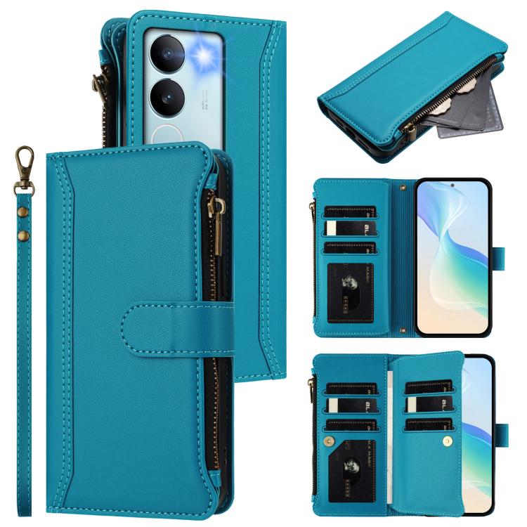 Magnetic Closure 9 Card Slots Zipper Leather Case with Hand Strap, For vivo X100 Pro 5G / X100S Pro 5G, For vivo X100S 5G, For vivo iQOO Z9X, For vivo Y20 / Y20i / Y20S / Y11S, For vivo iQOO Z9 5G / Z9 Turbo 5G, For vivo V30 5G Global                  ...