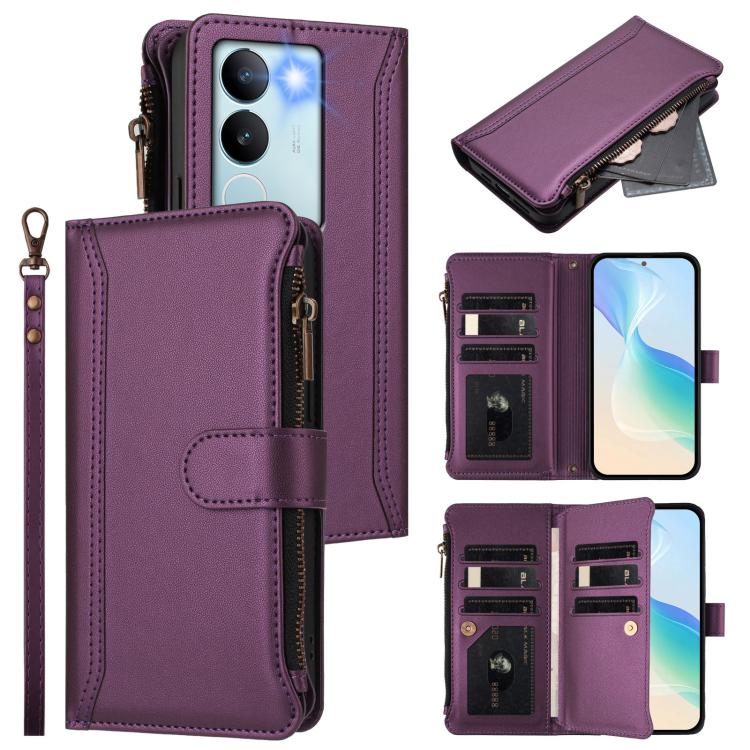 Magnetic Closure 9 Card Slots Zipper Leather Case with Hand Strap, For vivo X100 Pro 5G / X100S Pro 5G, For vivo X100S 5G, For vivo iQOO Z9X, For vivo Y20 / Y20i / Y20S / Y11S, For vivo iQOO Z9 5G / Z9 Turbo 5G, For vivo V30 5G Global                  ...