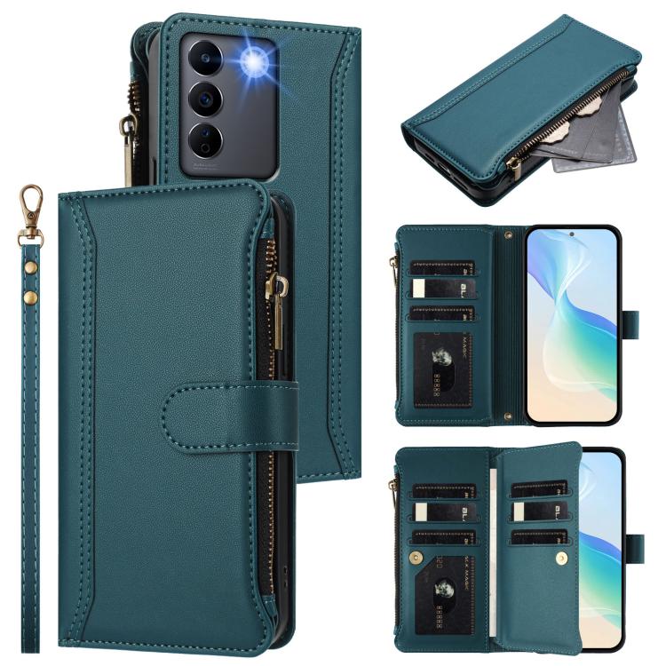 Magnetic Closure 9 Card Slots Zipper Leather Case with Hand Strap, For vivo X100 Pro 5G / X100S Pro 5G, For vivo X100S 5G, For vivo iQOO Z9X, For vivo Y20 / Y20i / Y20S / Y11S, For vivo iQOO Z9 5G / Z9 Turbo 5G, For vivo V30 5G Global                  ...