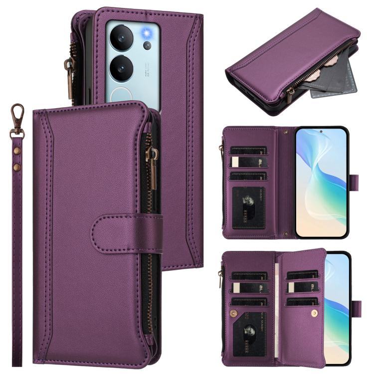 Magnetic Closure 9 Card Slots Zipper Leather Case with Hand Strap, For vivo X100 Pro 5G / X100S Pro 5G, For vivo X100S 5G, For vivo iQOO Z9X, For vivo Y20 / Y20i / Y20S / Y11S, For vivo iQOO Z9 5G / Z9 Turbo 5G, For vivo V30 5G Global                  ...