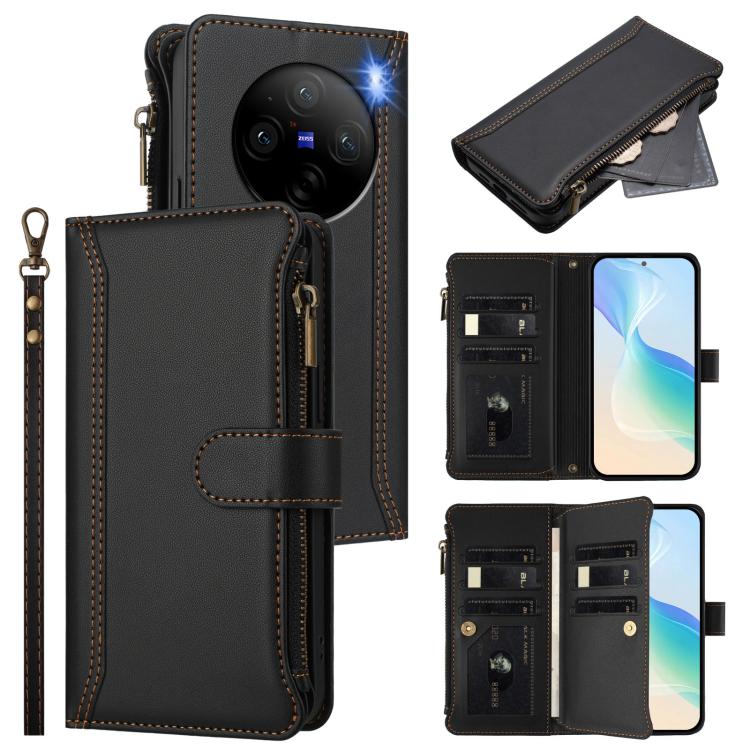 Magnetic Closure 9 Card Slots Zipper Leather Case with Hand Strap, For vivo X100 Pro 5G / X100S Pro 5G, For vivo X100S 5G, For vivo iQOO Z9X, For vivo Y20 / Y20i / Y20S / Y11S, For vivo iQOO Z9 5G / Z9 Turbo 5G, For vivo V30 5G Global                  ...