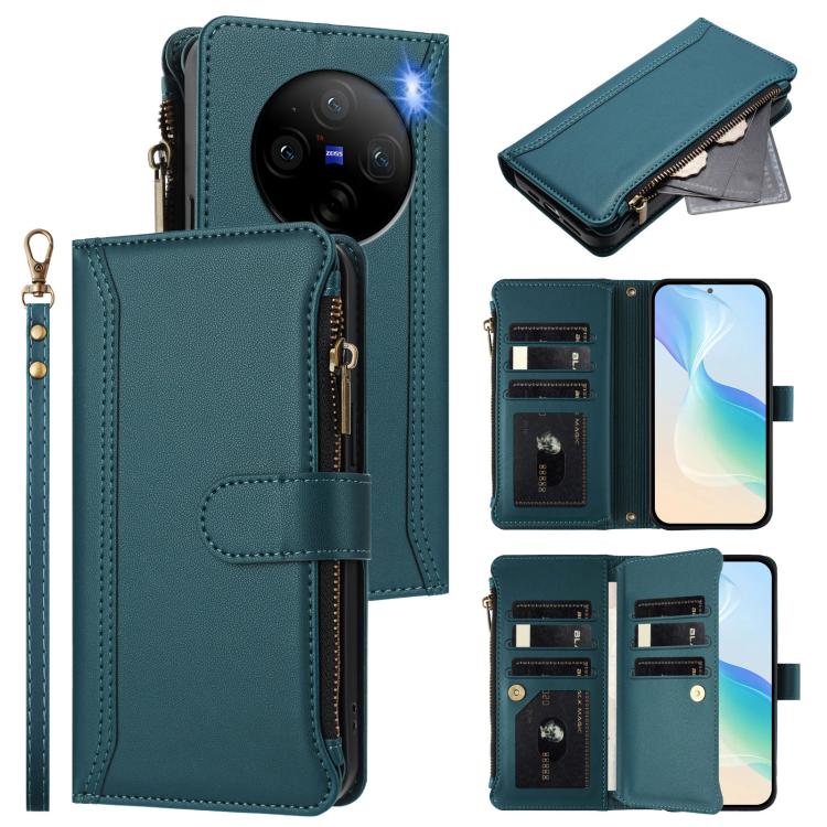 Magnetic Closure 9 Card Slots Zipper Leather Case with Hand Strap, For vivo X100 Pro 5G / X100S Pro 5G, For vivo X100S 5G, For vivo iQOO Z9X, For vivo Y20 / Y20i / Y20S / Y11S, For vivo iQOO Z9 5G / Z9 Turbo 5G, For vivo V30 5G Global                  ...