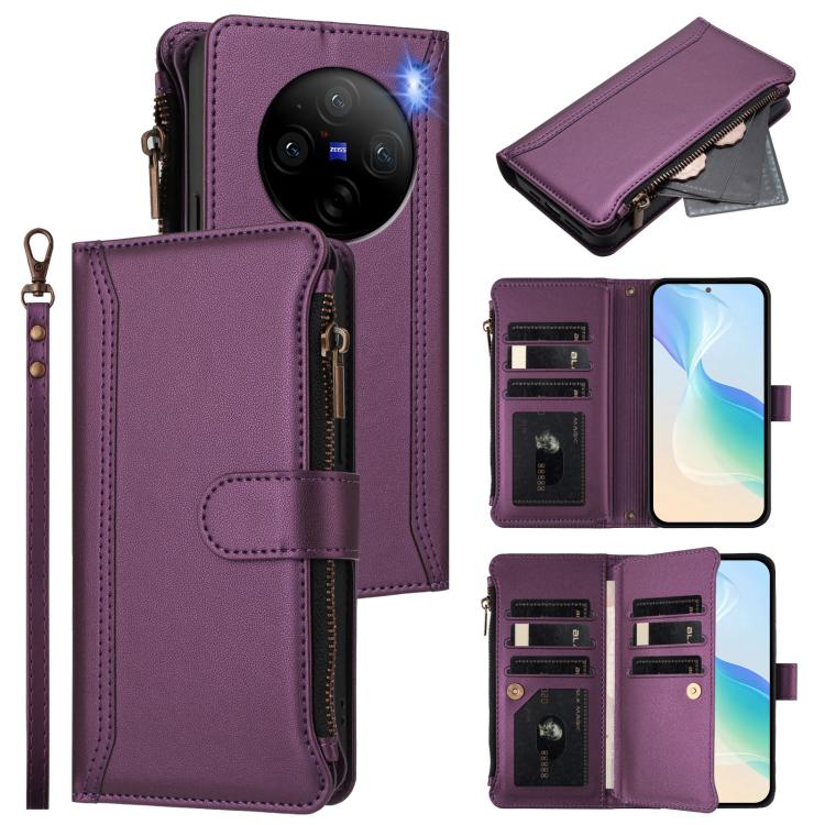 Magnetic Closure 9 Card Slots Zipper Leather Case with Hand Strap, For vivo X100 Pro 5G / X100S Pro 5G, For vivo X100S 5G, For vivo iQOO Z9X, For vivo Y20 / Y20i / Y20S / Y11S, For vivo iQOO Z9 5G / Z9 Turbo 5G, For vivo V30 5G Global                  ...