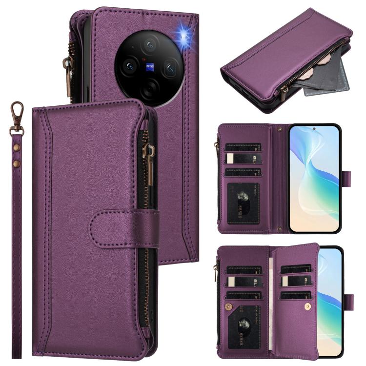 Magnetic Closure 9 Card Slots Zipper Leather Case with Hand Strap, For vivo X100 Pro 5G / X100S Pro 5G, For vivo X100S 5G, For vivo iQOO Z9X, For vivo Y20 / Y20i / Y20S / Y11S, For vivo iQOO Z9 5G / Z9 Turbo 5G, For vivo V30 5G Global                  ...
