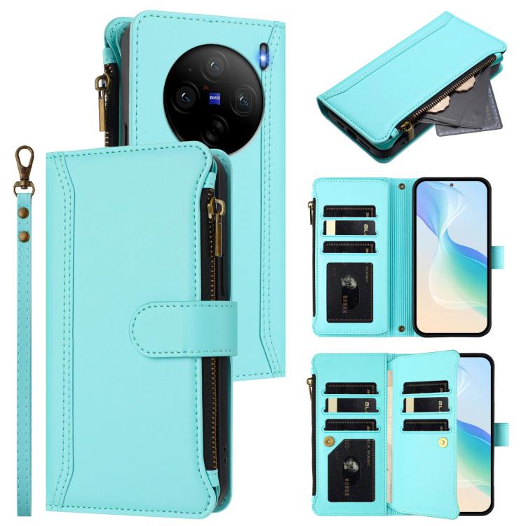 Magnetic Closure 9 Card Slots Zipper Leather Case with Hand Strap, For vivo X100 Pro 5G / X100S Pro 5G, For vivo X100S 5G, For vivo iQOO Z9X, For vivo Y20 / Y20i / Y20S / Y11S, For vivo iQOO Z9 5G / Z9 Turbo 5G, For vivo V30 5G Global                  ...
