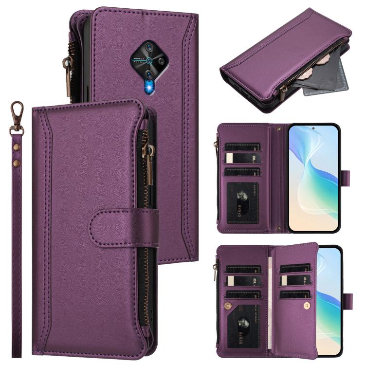 Magnetic Closure 9 Card Slots Zipper Leather Case with Hand Strap, For vivo Y400 5G Global, For vivo V60 5G Global, For vivo S30 Pro mini, For vivo S30, For vivo Y300 5G Global, For vivo Y200E 5G Global / V40 SE 5G, For vivo Y36 4G Global / Y27S 4G Glo...