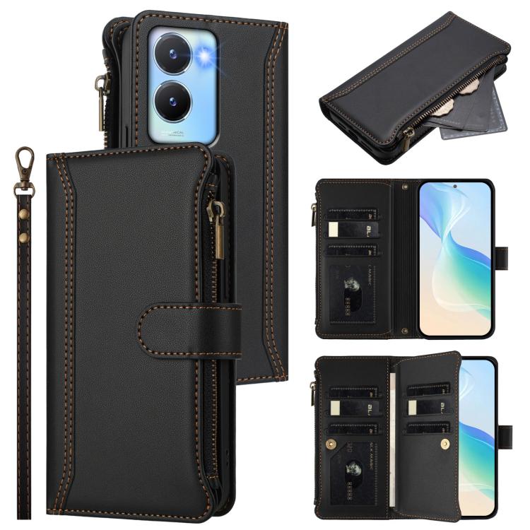 Magnetic Closure 9 Card Slots Zipper Leather Case with Hand Strap, For vivo Y400 5G Global, For vivo V60 5G Global, For vivo S30 Pro mini, For vivo S30, For vivo Y300 5G Global, For vivo Y200E 5G Global / V40 SE 5G, For vivo Y36 4G Global / Y27S 4G Glo...