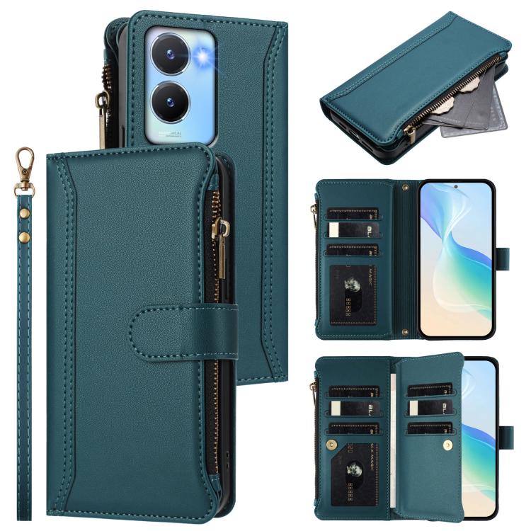 Magnetic Closure 9 Card Slots Zipper Leather Case with Hand Strap, For vivo Y400 5G Global, For vivo V60 5G Global, For vivo S30 Pro mini, For vivo S30, For vivo Y300 5G Global, For vivo Y200E 5G Global / V40 SE 5G, For vivo Y36 4G Global / Y27S 4G Glo...