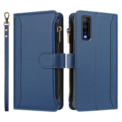 Magnetic Closure 9 Card Slots Zipper Leather Case with Hand Strap, For vivo Y70S