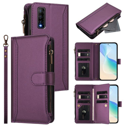 Magnetic Closure 9 Card Slots Zipper Leather Case with Hand Strap, For vivo Y70S