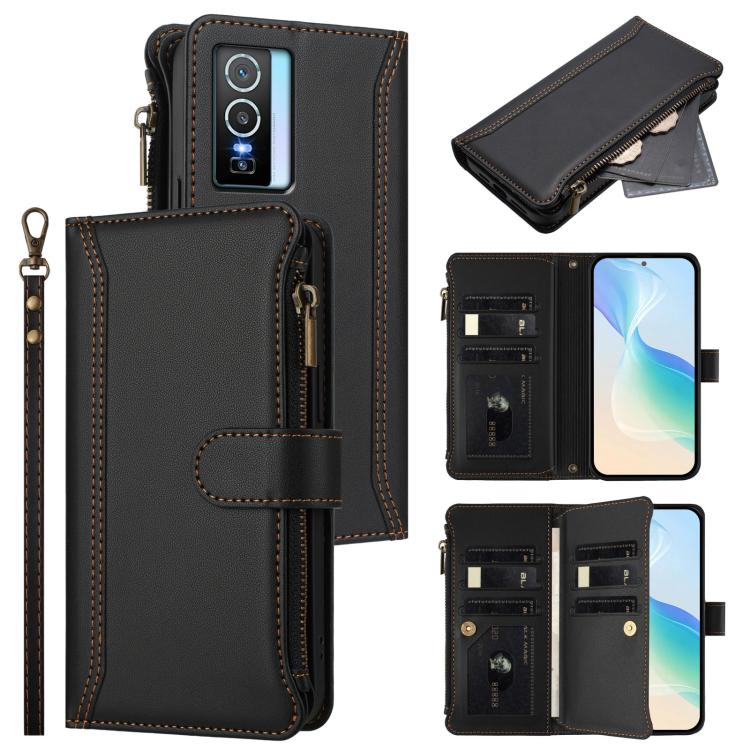 Magnetic Closure 9 Card Slots Zipper Leather Case with Hand Strap, For vivo Y400 5G Global, For vivo V60 5G Global, For vivo S30 Pro mini, For vivo S30, For vivo Y300 5G Global, For vivo Y200E 5G Global / V40 SE 5G, For vivo Y36 4G Global / Y27S 4G Glo...