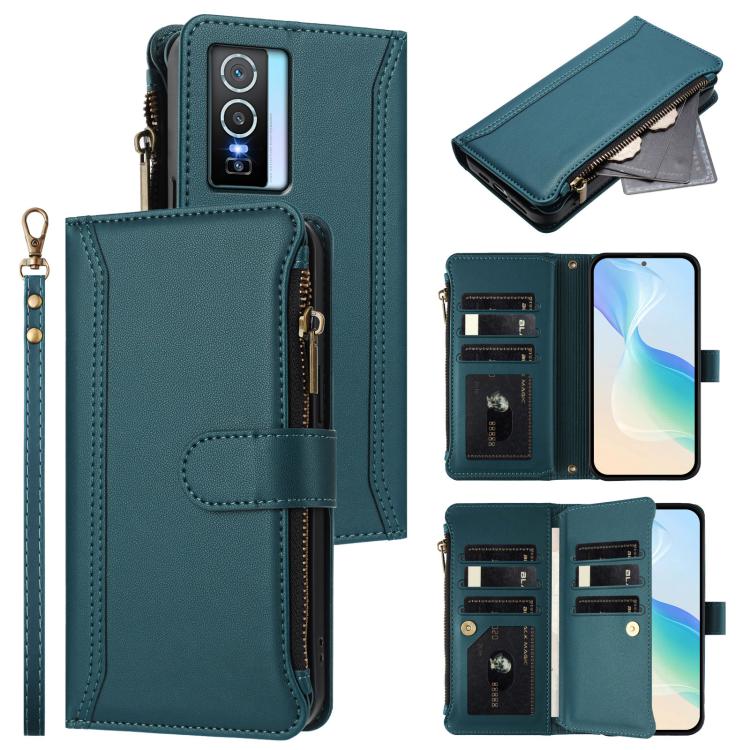 Magnetic Closure 9 Card Slots Zipper Leather Case with Hand Strap, For vivo Y400 5G Global, For vivo V60 5G Global, For vivo S30 Pro mini, For vivo S30, For vivo Y300 5G Global, For vivo Y200E 5G Global / V40 SE 5G, For vivo Y36 4G Global / Y27S 4G Glo...