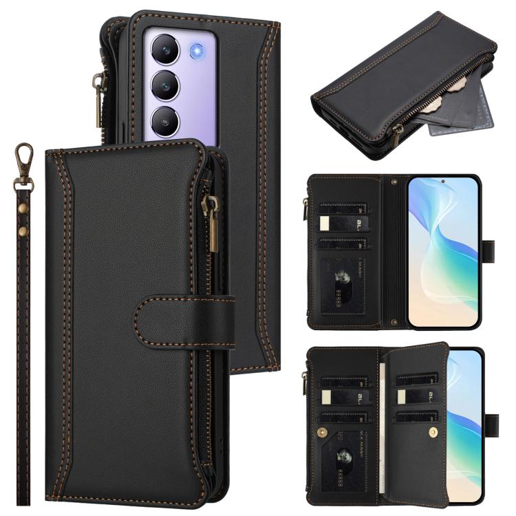 Magnetic Closure 9 Card Slots Zipper Leather Case with Hand Strap, For vivo Y400 5G Global, For vivo V60 5G Global, For vivo S30 Pro mini, For vivo S30, For vivo Y300 5G Global, For vivo Y200E 5G Global / V40 SE 5G, For vivo Y36 4G Global / Y27S 4G Glo...