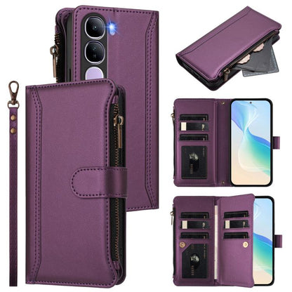 Magnetic Closure 9 Card Slots Zipper Leather Case with Hand Strap, For vivo Y400 5G Global, For vivo V60 5G Global, For vivo S30 Pro mini, For vivo S30, For vivo Y300 5G Global, For vivo Y200E 5G Global / V40 SE 5G, For vivo Y36 4G Global / Y27S 4G Glo...