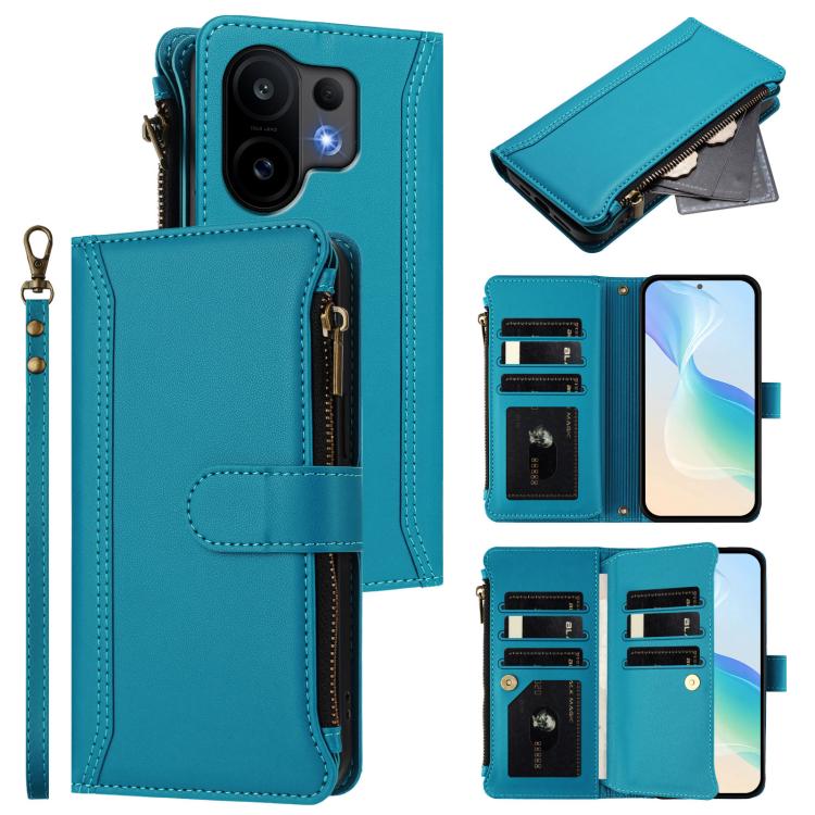Magnetic Closure 9 Card Slots Zipper Leather Case with Hand Strap, For vivo Y400 5G Global, For vivo V60 5G Global, For vivo S30 Pro mini, For vivo S30, For vivo Y300 5G Global, For vivo Y200E 5G Global / V40 SE 5G, For vivo Y36 4G Global / Y27S 4G Glo...