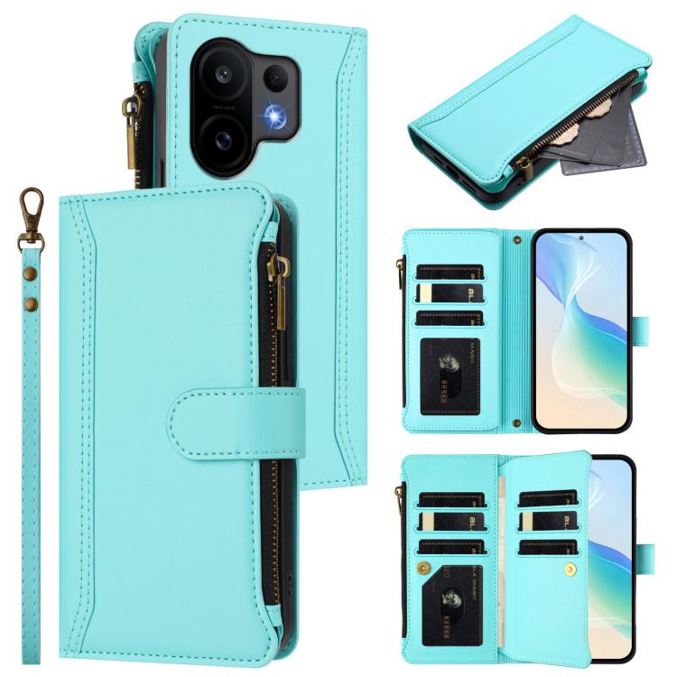 Magnetic Closure 9 Card Slots Zipper Leather Case with Hand Strap, For vivo Y400 5G Global, For vivo V60 5G Global, For vivo S30 Pro mini, For vivo S30, For vivo Y300 5G Global, For vivo Y200E 5G Global / V40 SE 5G, For vivo Y36 4G Global / Y27S 4G Glo...